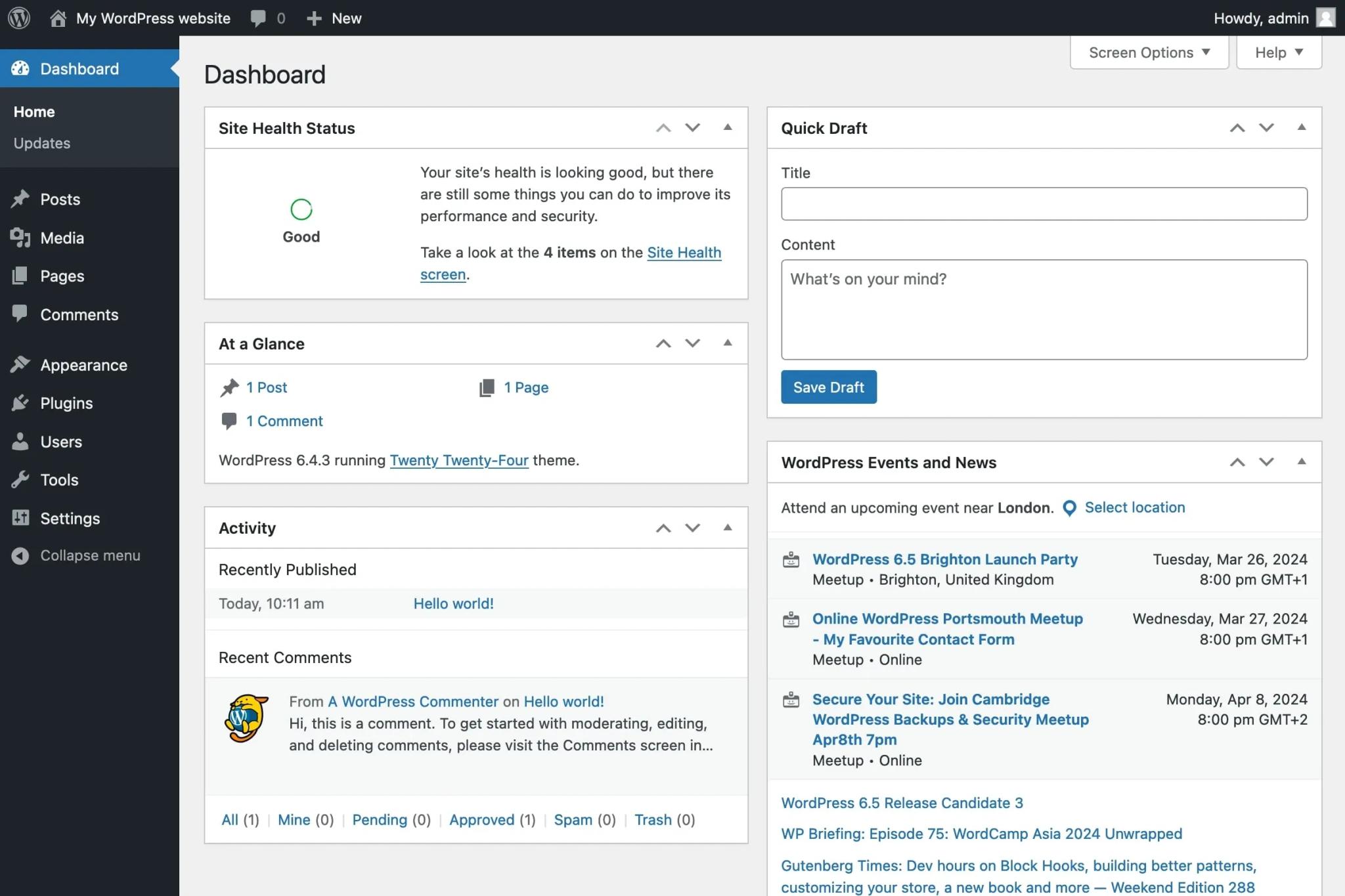 Tableau de bord d'administration de WordPress