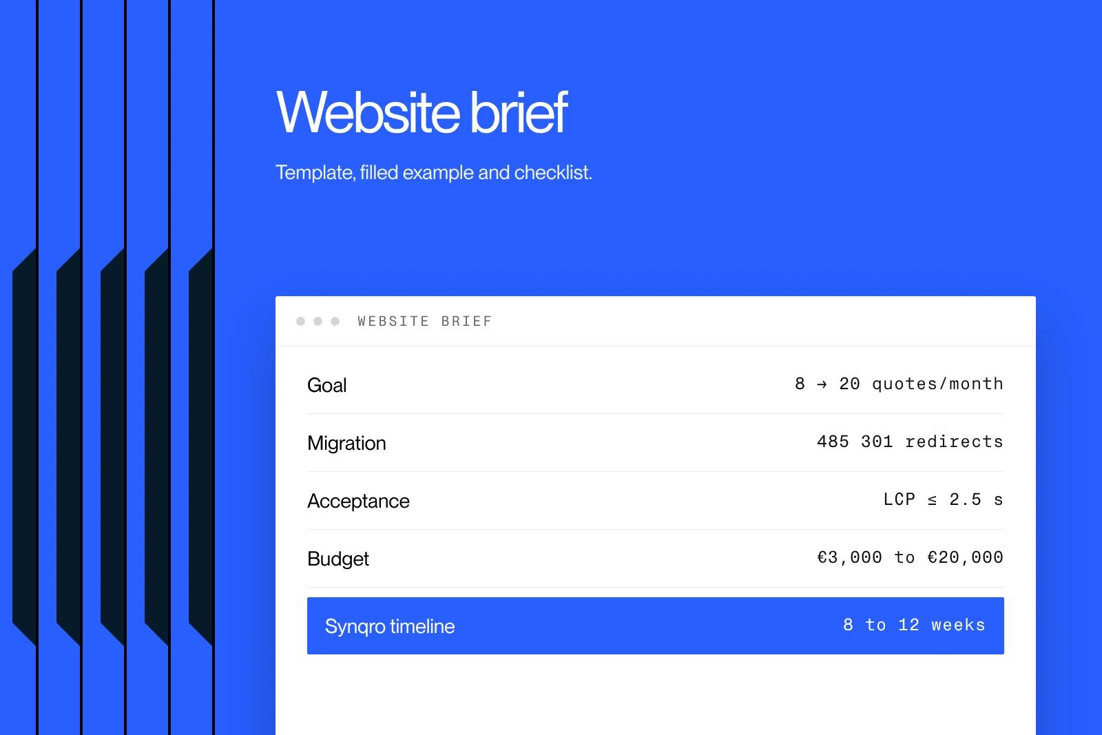 Synqro thumbnail: website brief, goals, migration, acceptance, budget and timeline