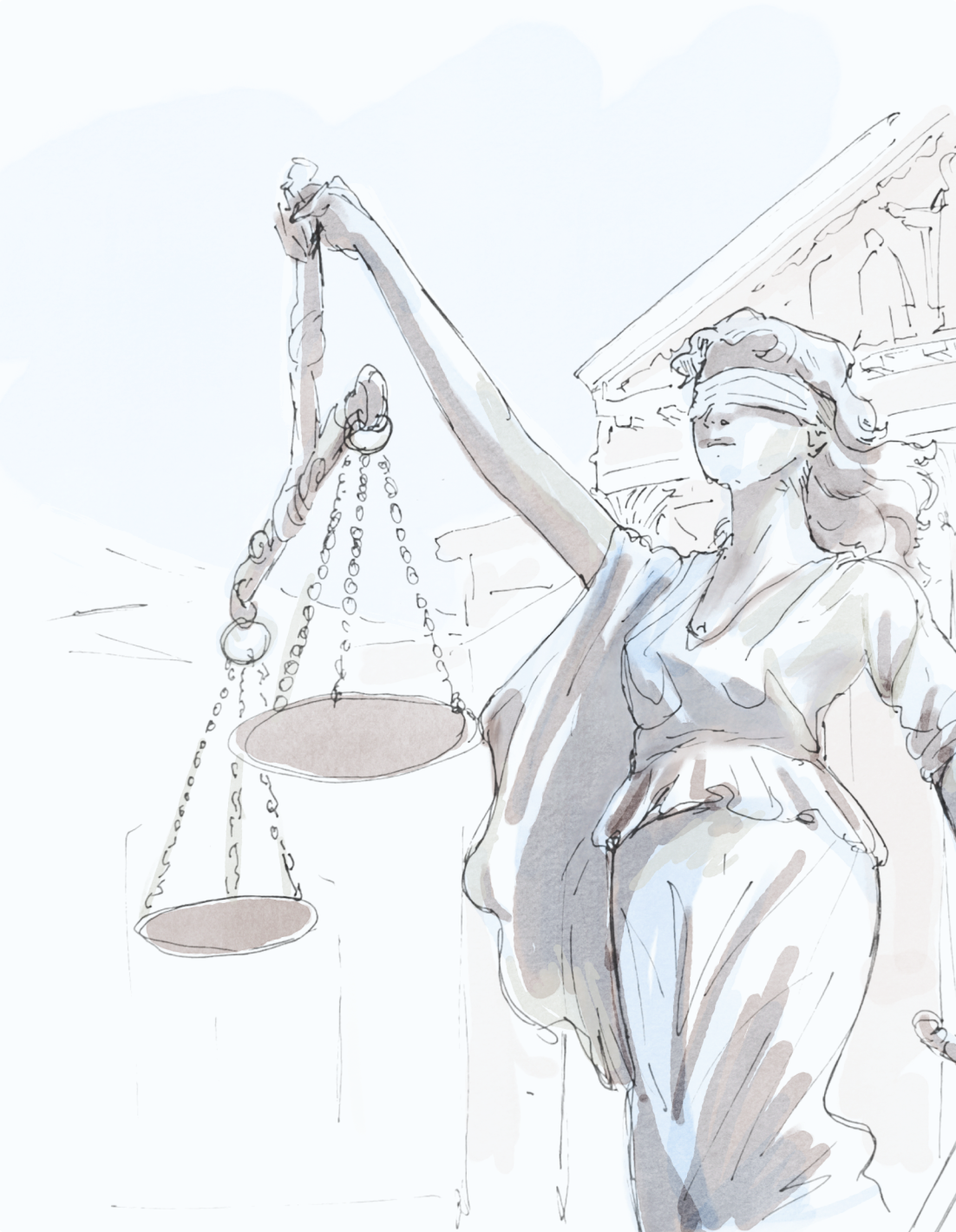 Watercolour sketch of Lady Justice holding scales