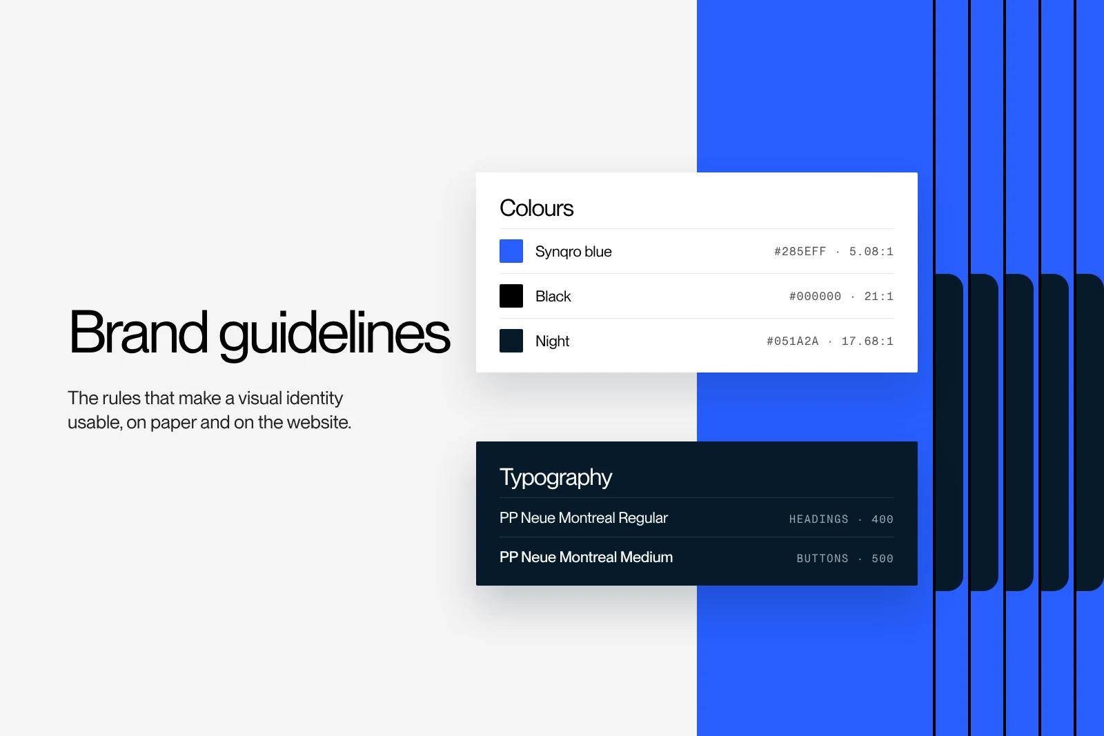 Synqro thumbnail: brand guidelines, the palette with HEX values and contrast, and the PP Neue Montreal typography