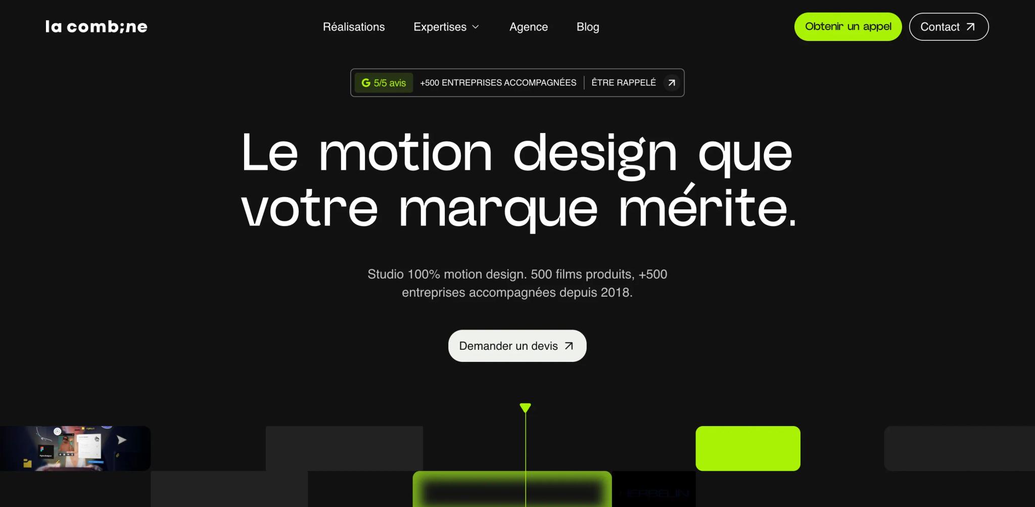 Page d'accueil du site la combine, studio de motion design, fond noir et accent vert fluo, avec le titre Le motion design que votre marque mérite