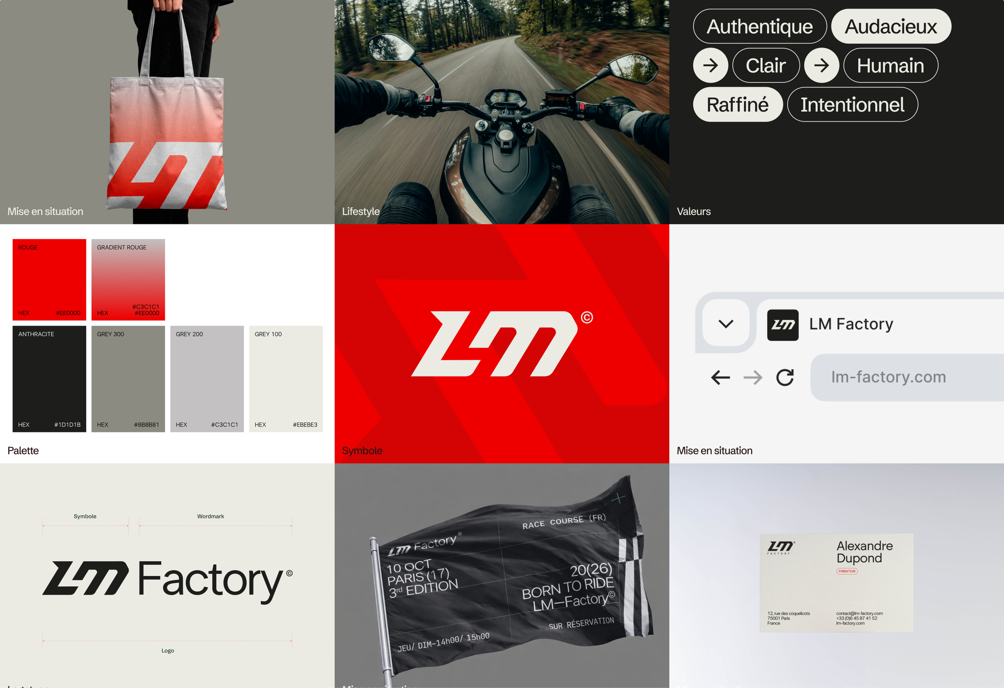 LM Factory brand board: logo, colour palette, values, flag and applications