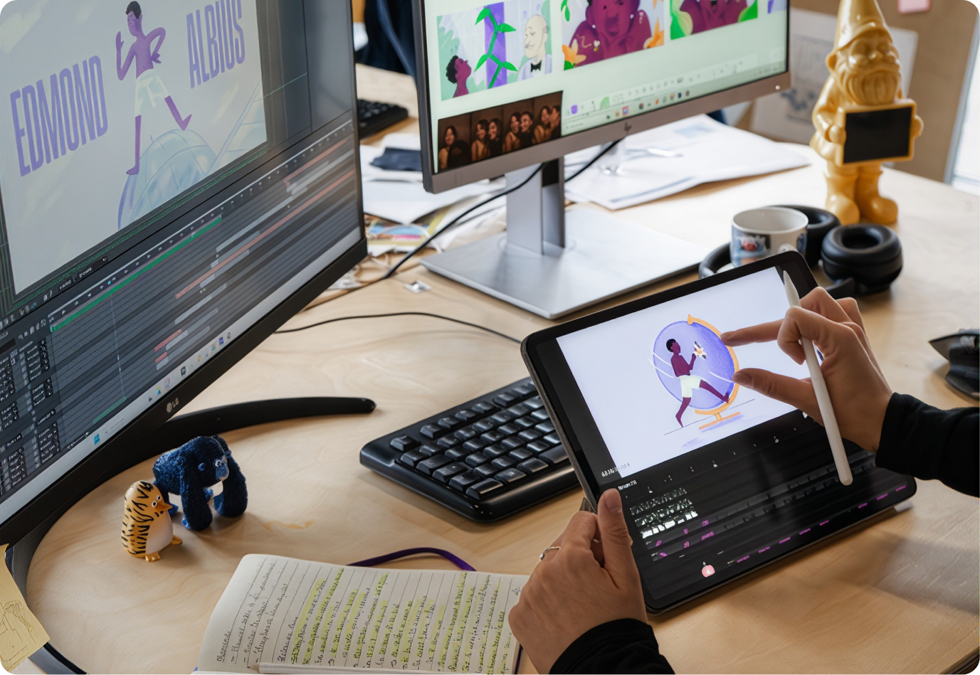An animator drawing on a tablet at a desk with editing software on screen