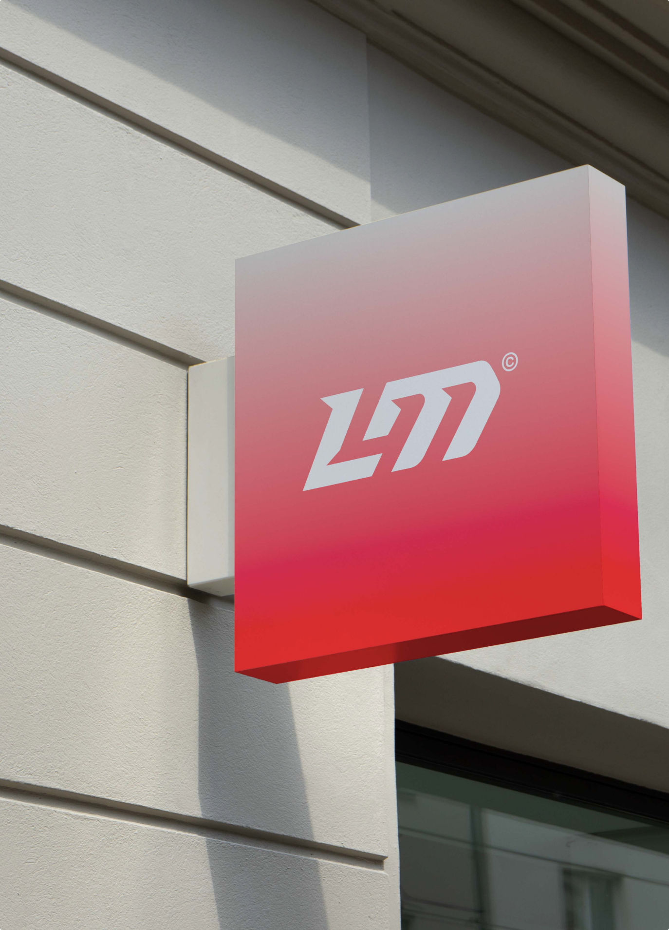 Red LM sign mounted on a building facade