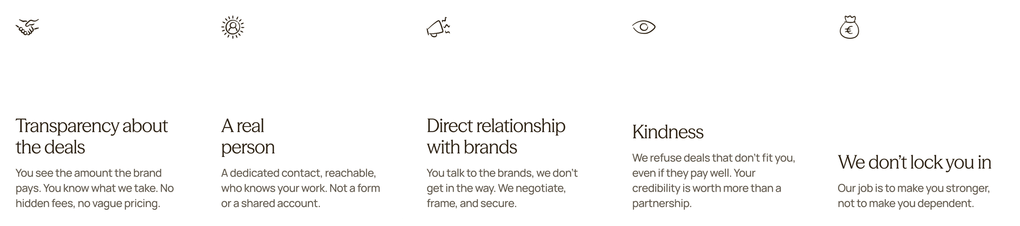 Lumera's five values: transparency about the deals, a real person, a direct relationship with brands, kindness, and no lock-in