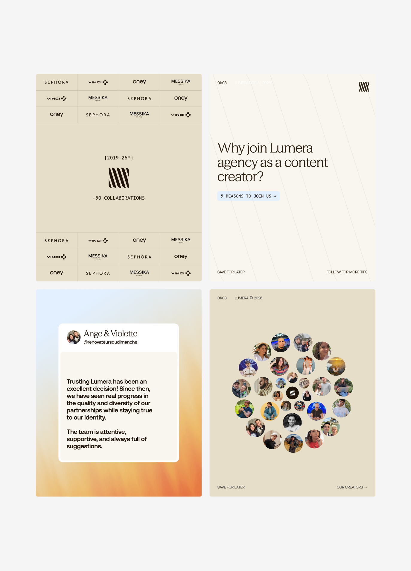 Lumera Instagram posts inviting content creators to join the agency