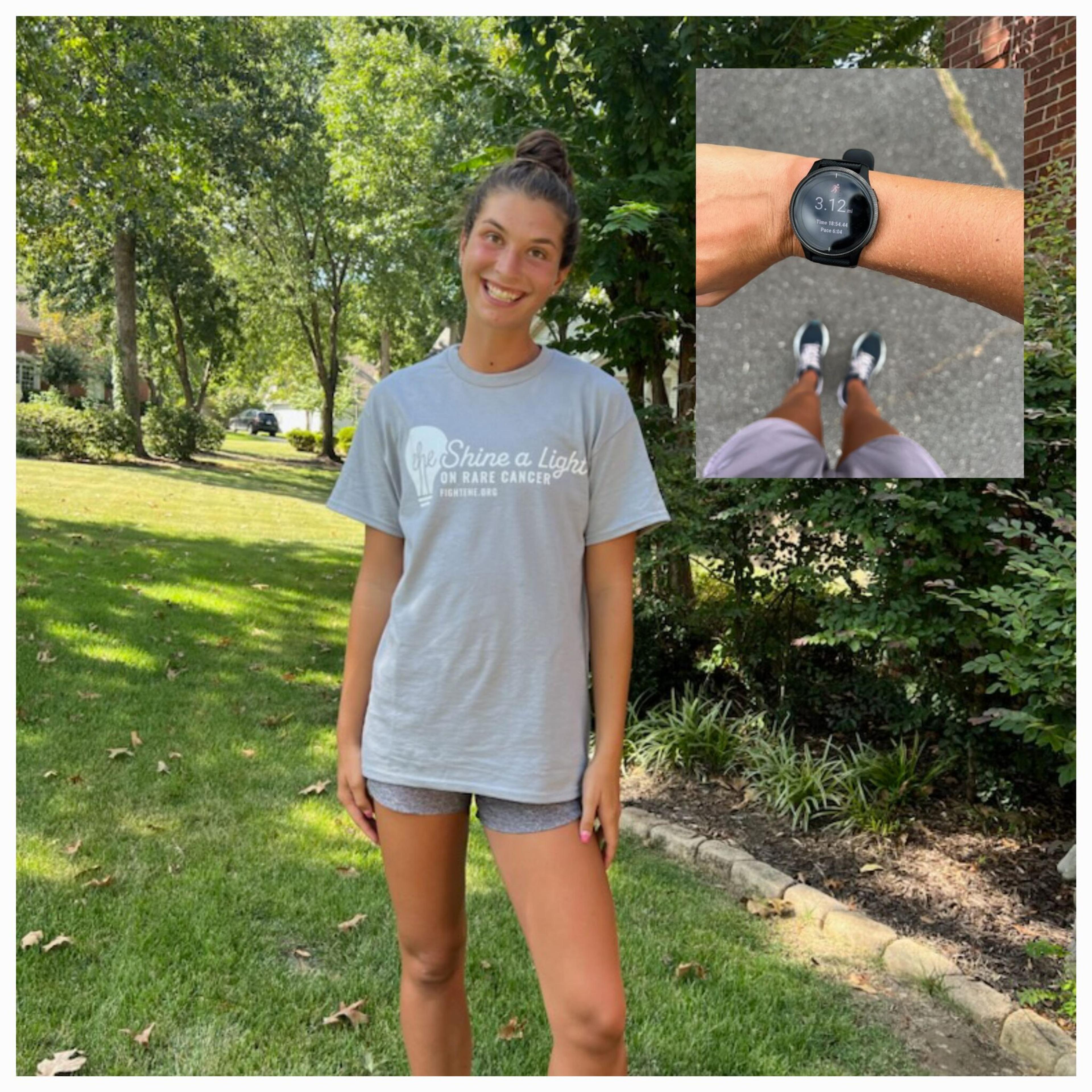 A 2 photo collage of a woman and her sports watch showing the activity time
