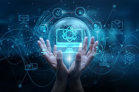 A set of hands holding an orb with data points and icons floating around the orb.