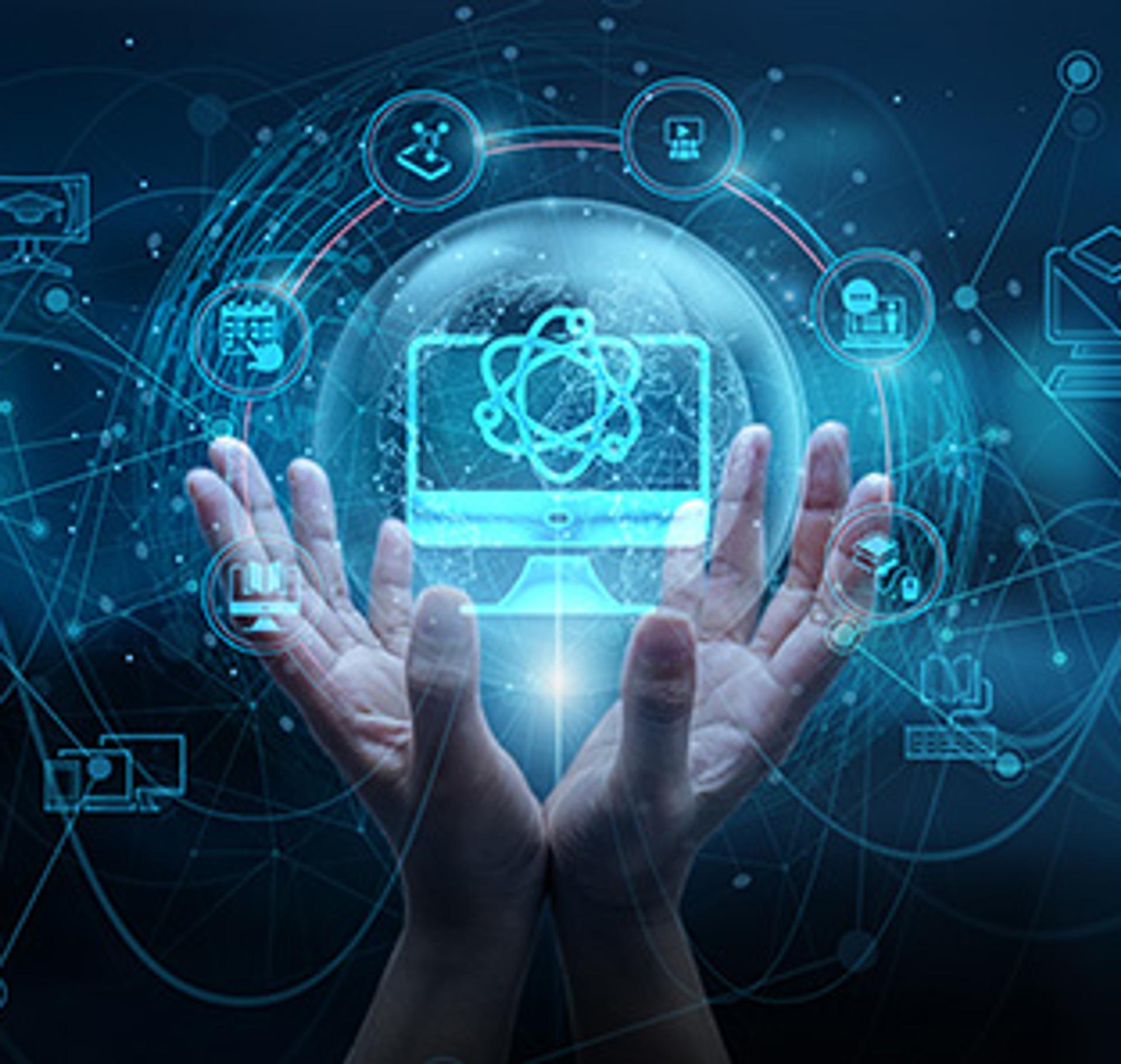 Two hands holding an orb with data points and icons floating around it.