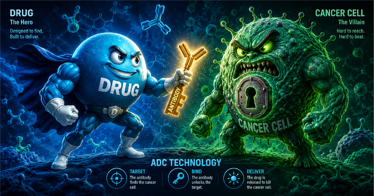 An AI rendering of a Drug hero defeating a cancer cell with an antibody cell