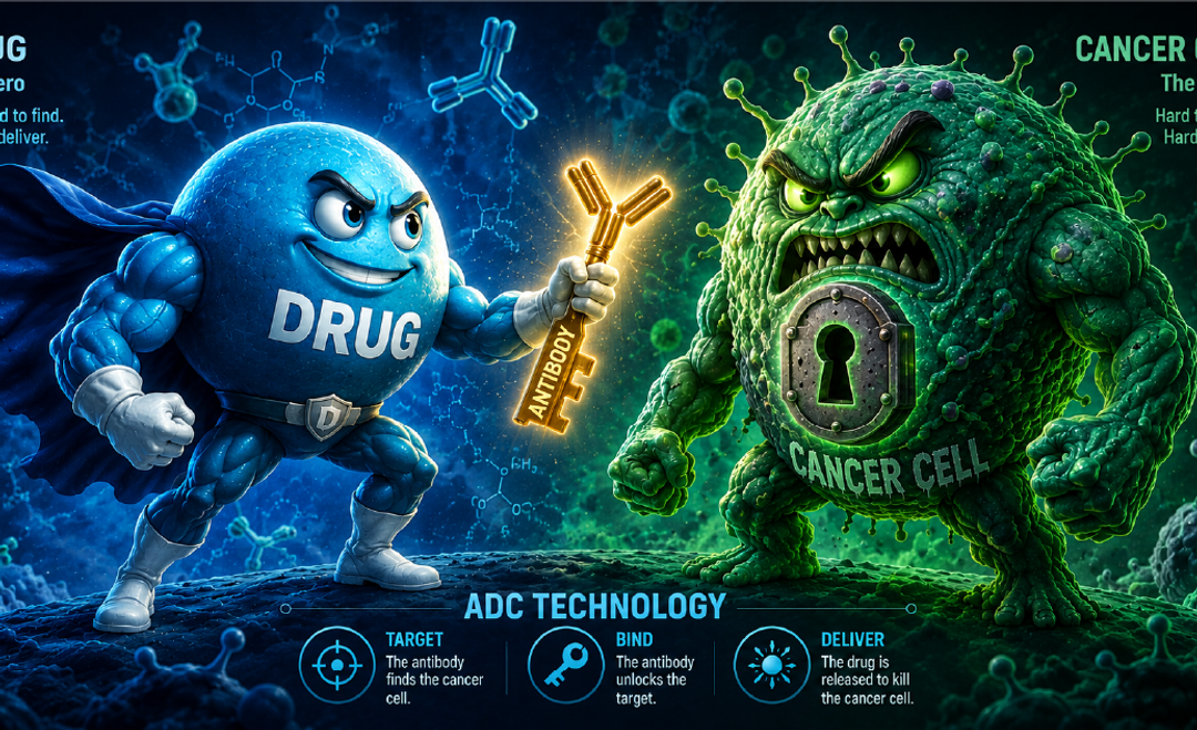 An AI rendering of a Drug hero defeating a cancer cell with an antibody cell