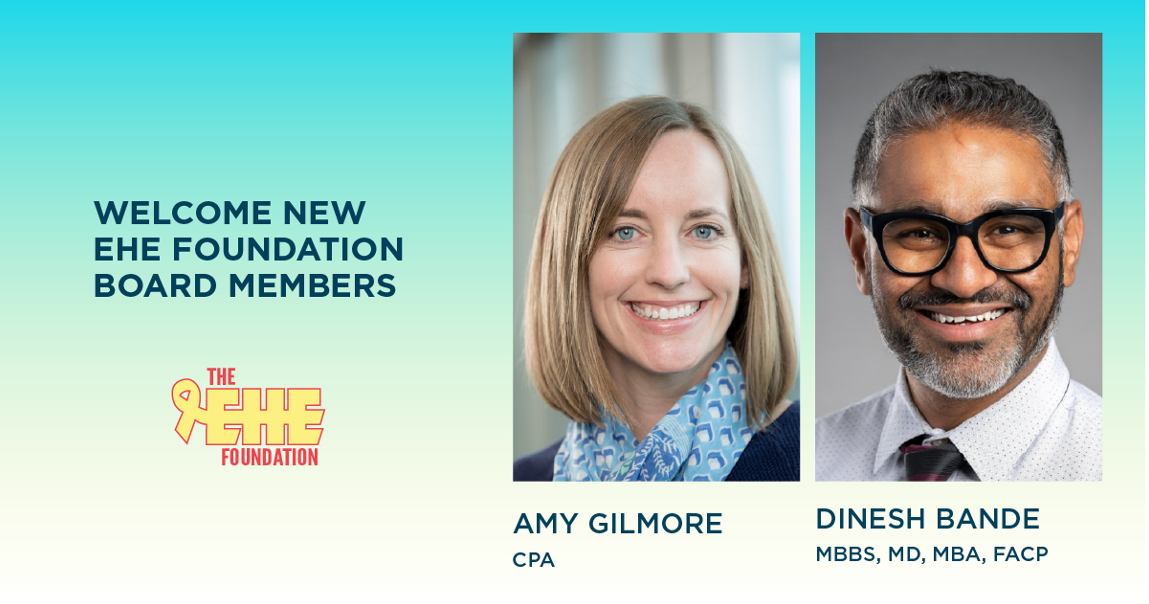 New Board Members graphic featuring Amy Gilmore and Dinesh Bande