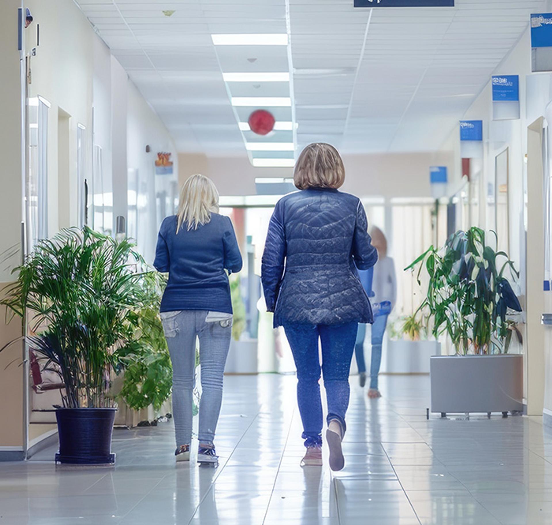 two women walking in a hospital