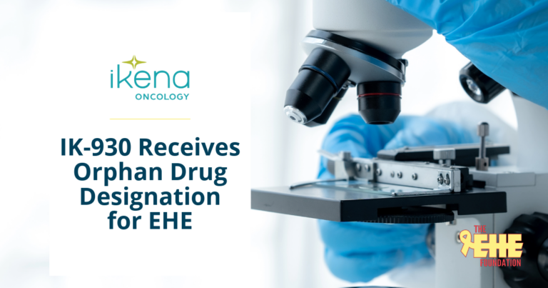 a graphic of a microscope and the ikena oncology logo. Text reads: IK-930 Receives Orphan Drg Designation for EHE