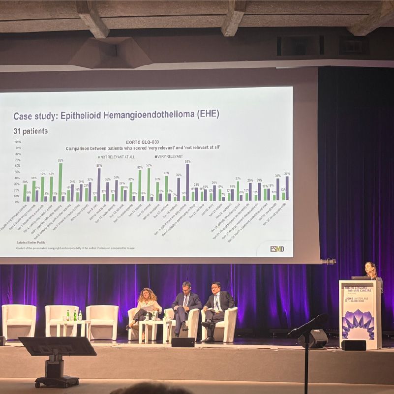 A panel sitting on stage discussing a graph titled Case study: Epitelioid Hemangioendothelioma (EHE)