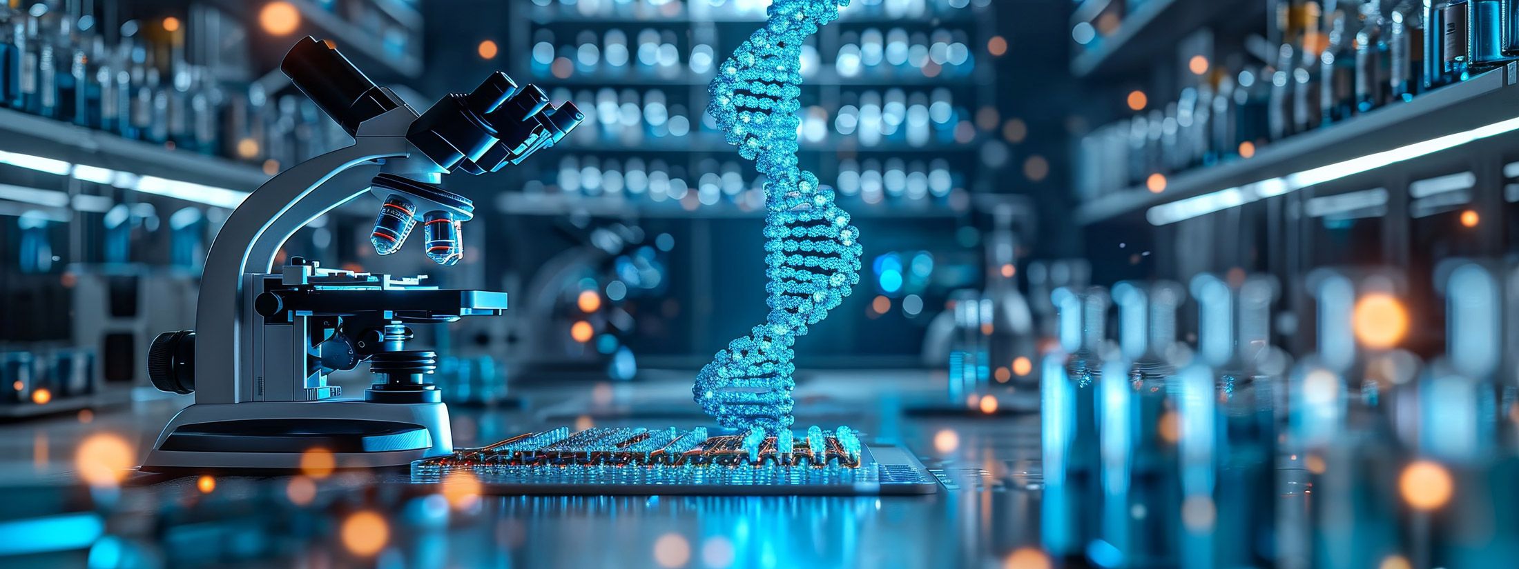 A 3d strand of DNA takes shape in the middle of a glowing research table with a microscope.