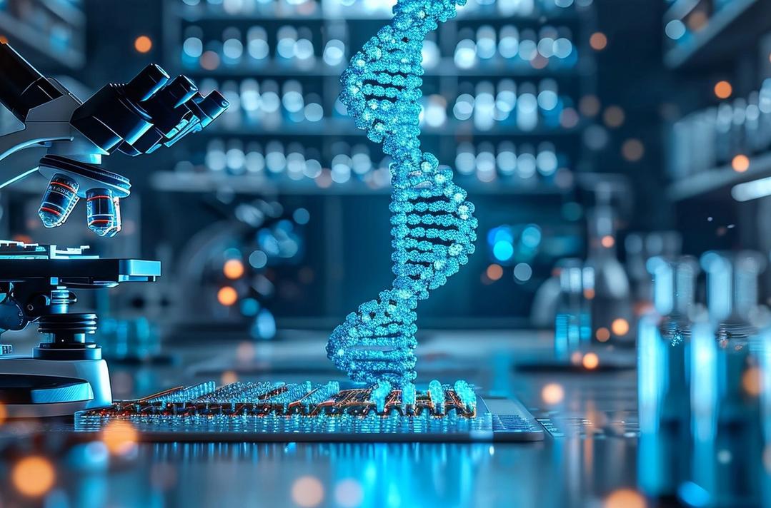 A 3d strand of DNA takes shape in the middle of a glowing research table with a microscope.
