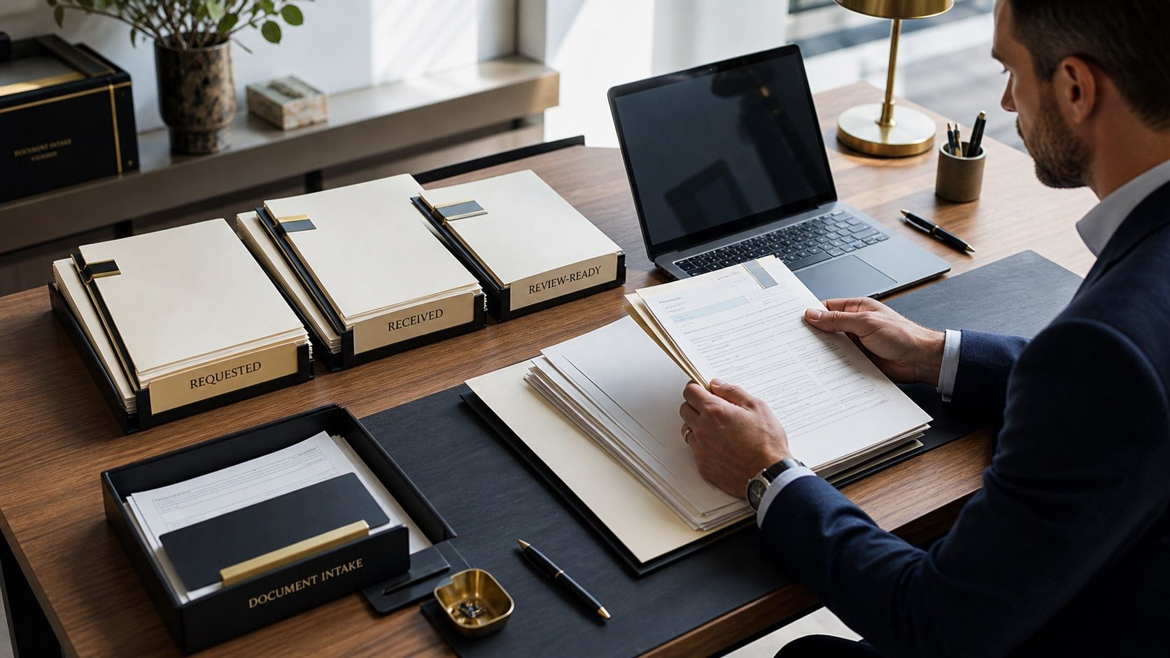 A tax professional reviews organized document folders moving from requested to received and ready for professional review.