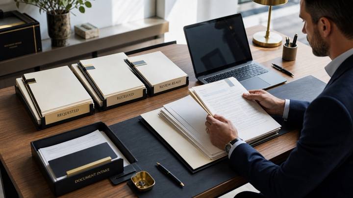 A tax professional reviews organized document folders moving from requested to received and ready for professional review.
