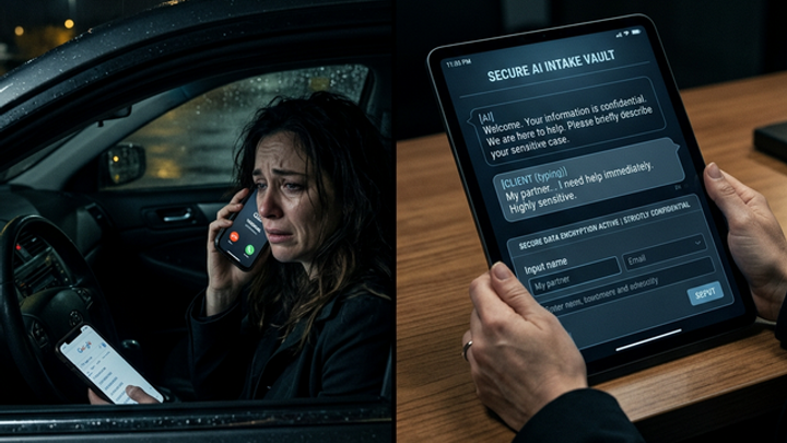 Split scene: A distressed person in a dark car dialing a private investigator getting voicemail, next to a secure AI intake vault interface systematically and empathetically capturing case details.