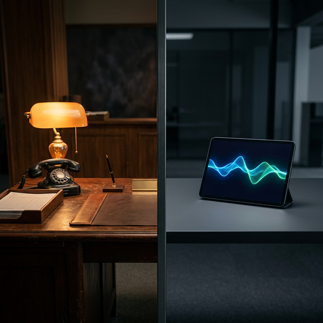 Split view of a traditional reception desk with vintage phone on the left and a modern minimal AI-powered desk with a glowing tablet on the right showing the shift from human to AI reception