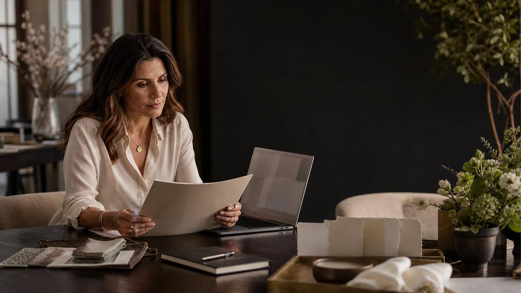An experienced wedding planner reviews a prospective client brief before a consultation