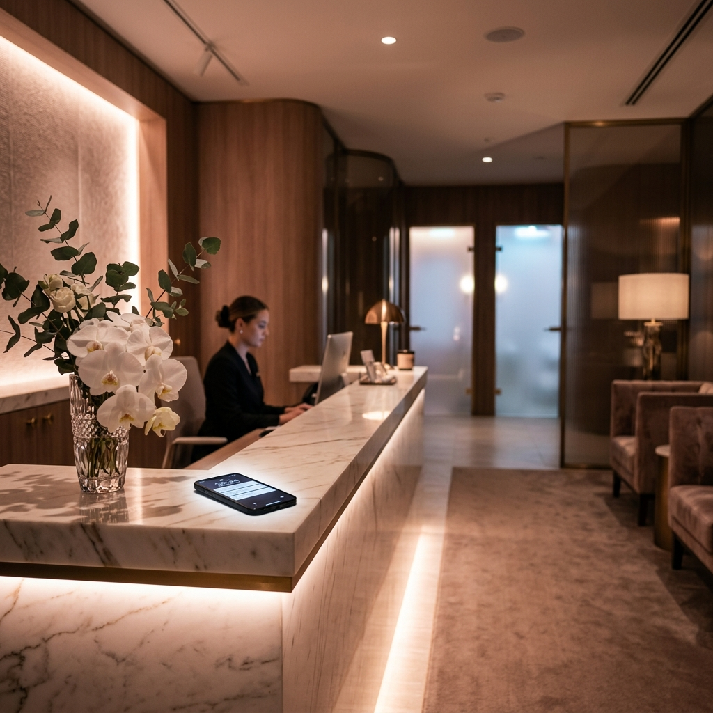 Luxury med spa marble reception desk with phone resting beside white orchids , the quiet moment where thousands in booking revenue disappears every evening