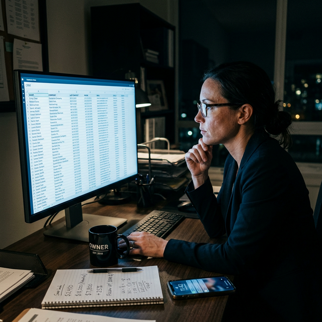 A business owner reviews a large CRM database on her monitor late at night, realizing the revenue potential sitting in her existing customer records