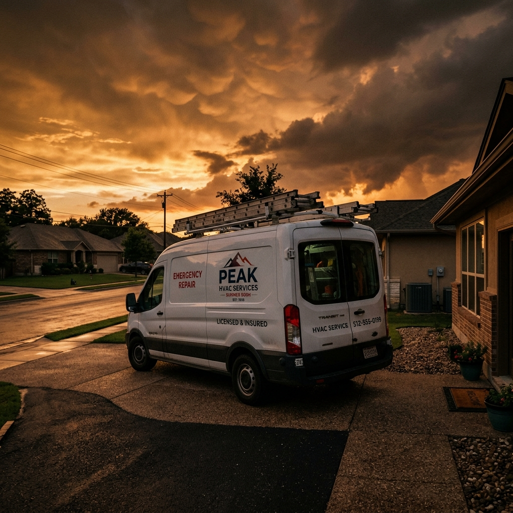Cinematic dark editorial photograph. A premium white residential HVAC service van parked on a suburban street at dusk.