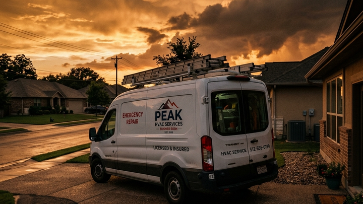 Cinematic dark editorial photograph. A premium white residential HVAC service van parked on a suburban street at dusk.