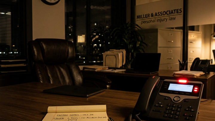 A dimly lit personal injury law office at night showing a legal notepad and a blinking hold-light phone on a desk at 8:47 PM