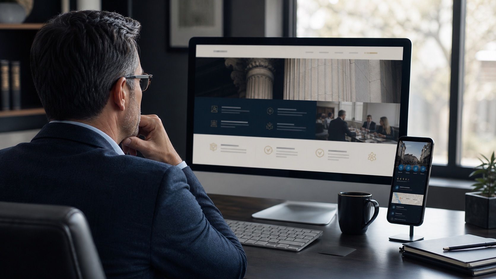 A prospective client compares a polished professional-firm website with consistent business information on a phone.