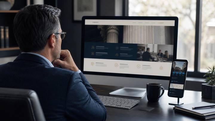 A prospective client compares a polished professional-firm website with consistent business information on a phone.