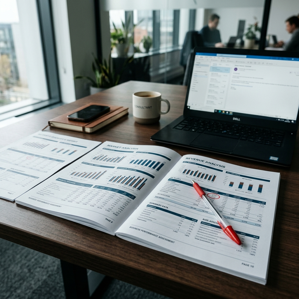 Professional diagnostic report documents spread on a desk with charts and revenue analysis numbers visible, a red pen resting on one page where a key finding has been circled, representing a completed business revenue audit with actionable findings