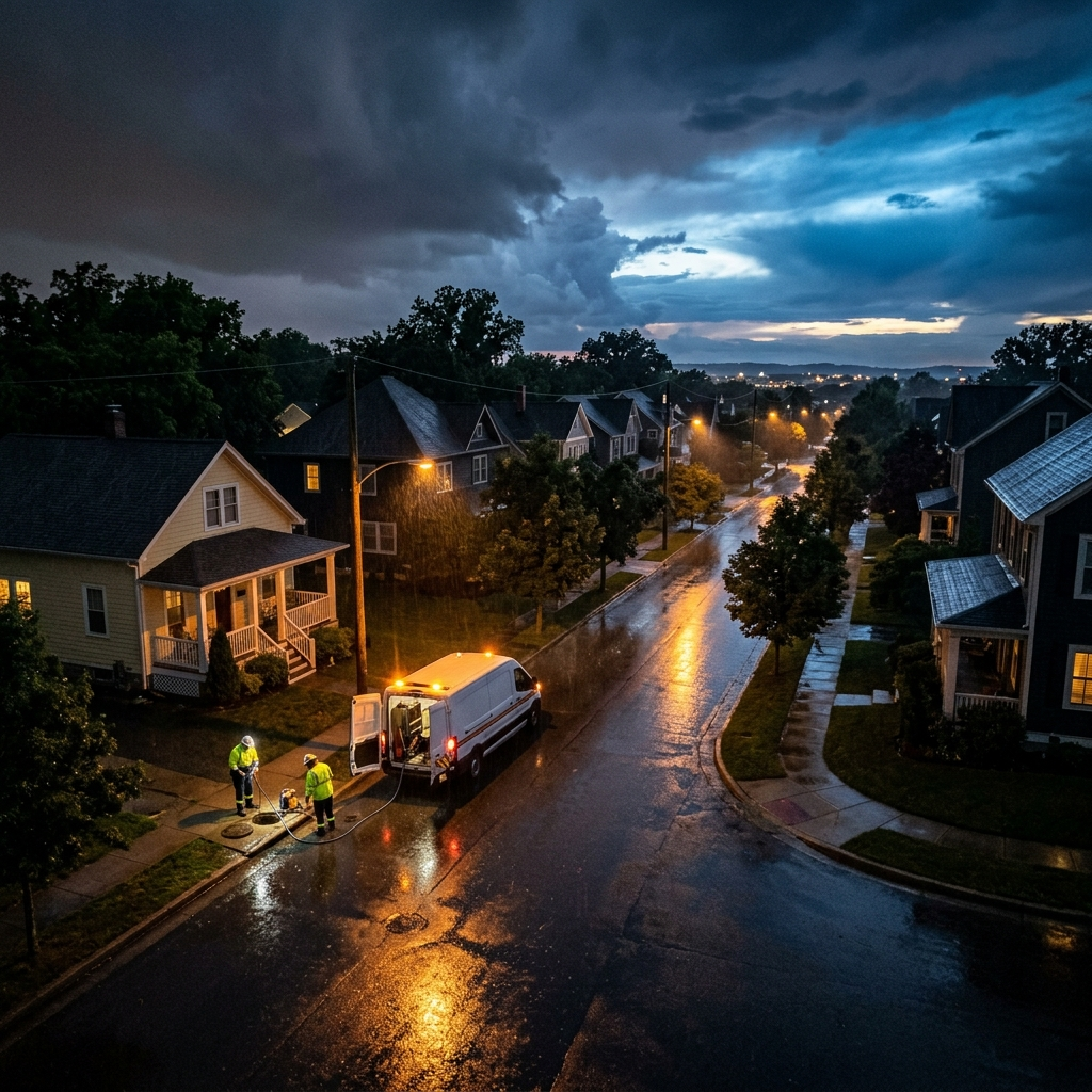 Aerial view of residential neighborhood street at night after a major rainstorm, wet streets reflecting amber streetlights, single white service van with orange emergency lights parked in front of a house with crew working, sky clearing to deep blue