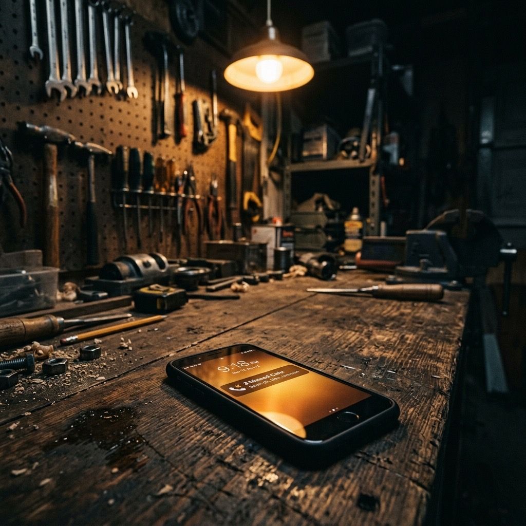 Phone on a tradesperson workshop bench showing missed call notification , the moment service business revenue leaks happen