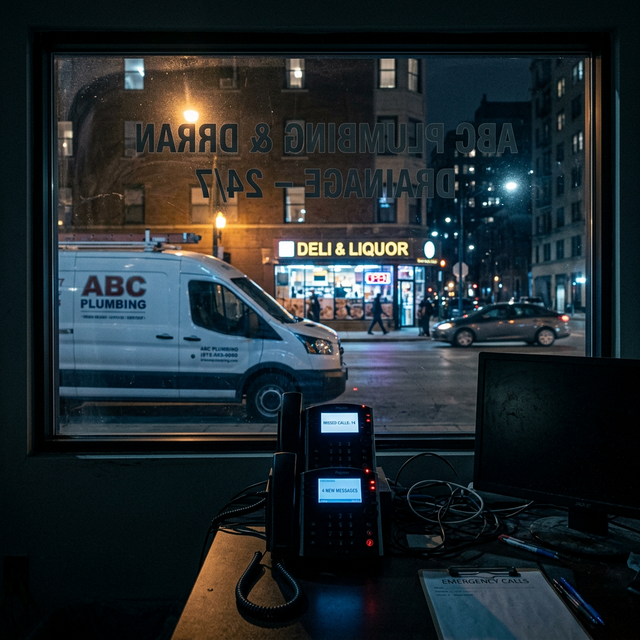 Dark interior of a plumbing service business at night , desk phone showing missed call notifications, city street active outside the window with ABC Plumbing van parked outside, the world still moving while the business is closed