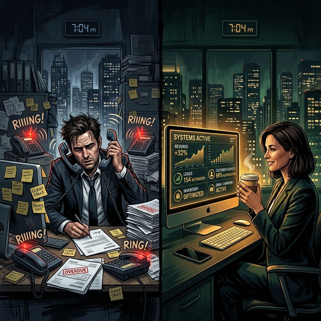Split screen of stressed $2M owner vs calm $5M owner with automated systems at 7pm