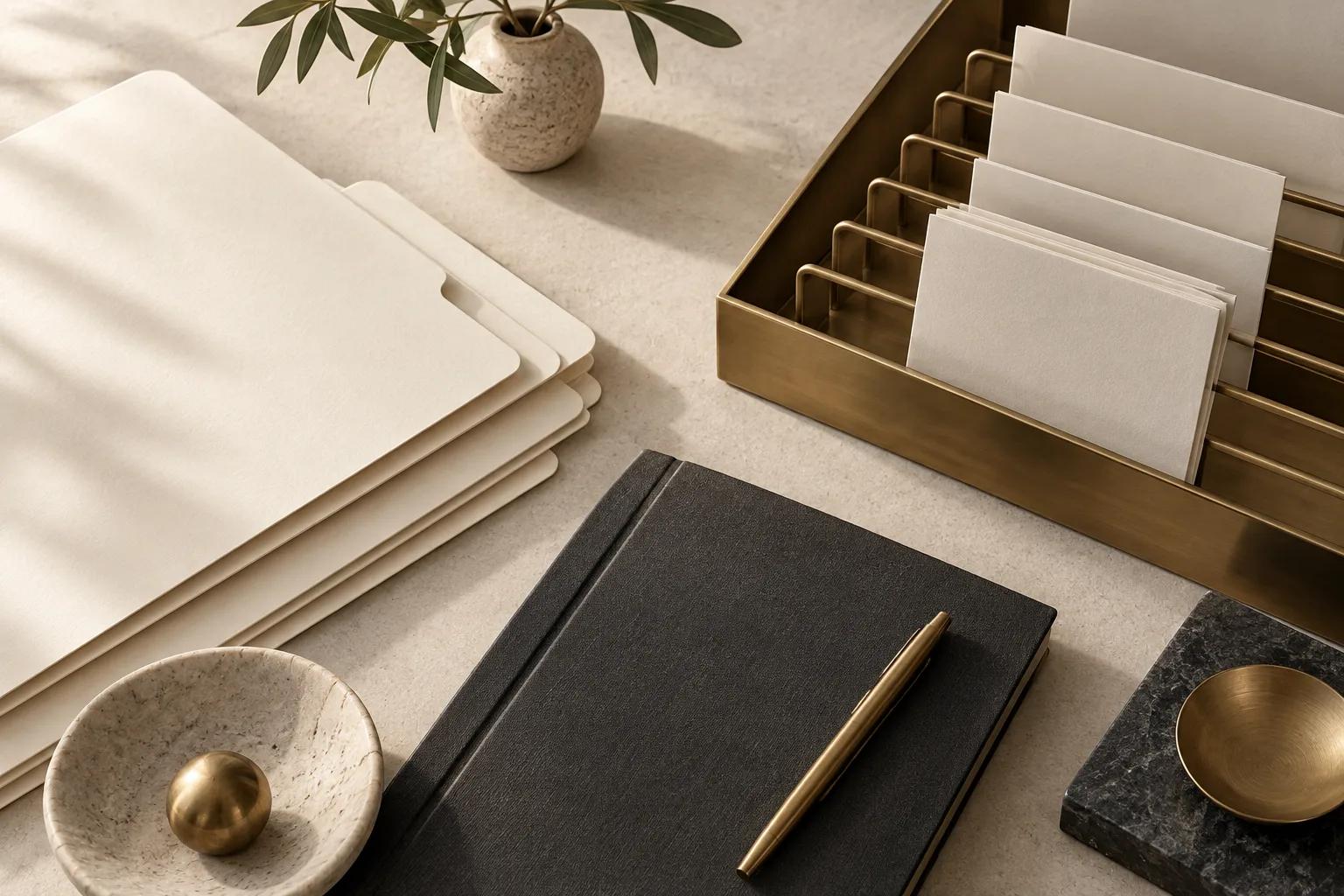 Ivory client folders and a charcoal ledger arranged beside a brass document organizer.