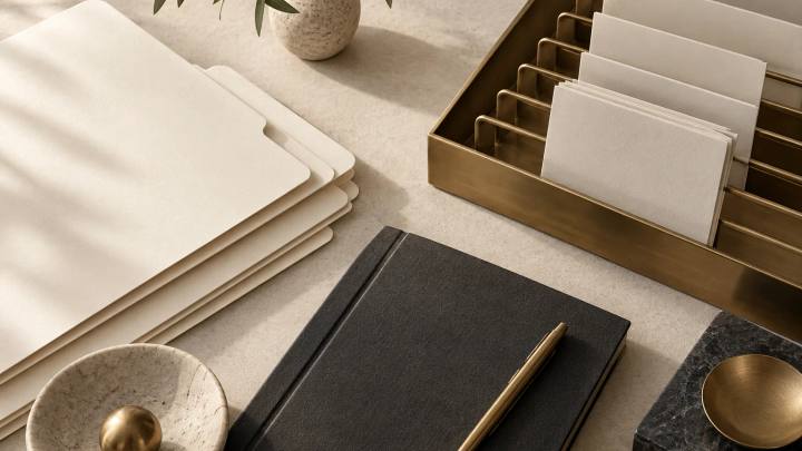 Ivory client folders and a charcoal ledger arranged beside a brass document organizer.