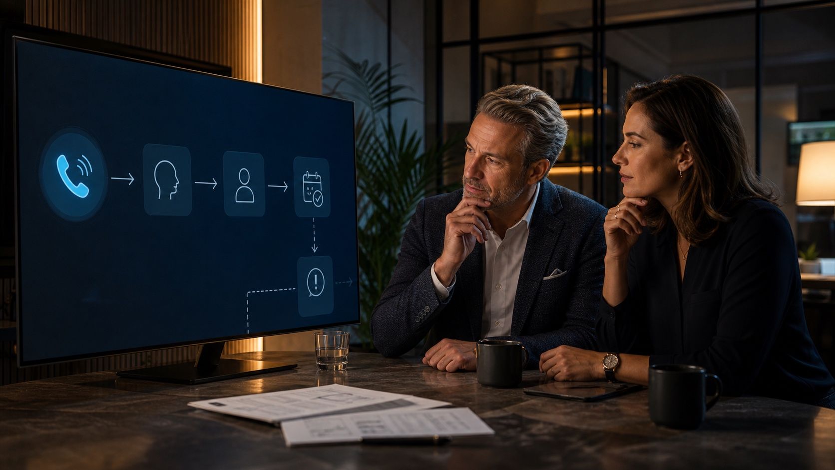 A small-business owner and operations manager review an inbound-call path, appointment outcome, and human exception before launch