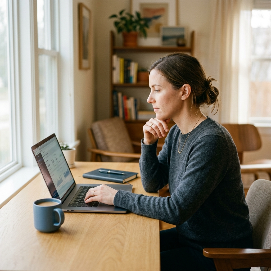 Business owner sitting at a clean modern desk reviewing information on a laptop with a thoughtful and evaluative expression, natural window light, calm home office setting with a coffee mug nearby, communicating deliberate informed decision-making