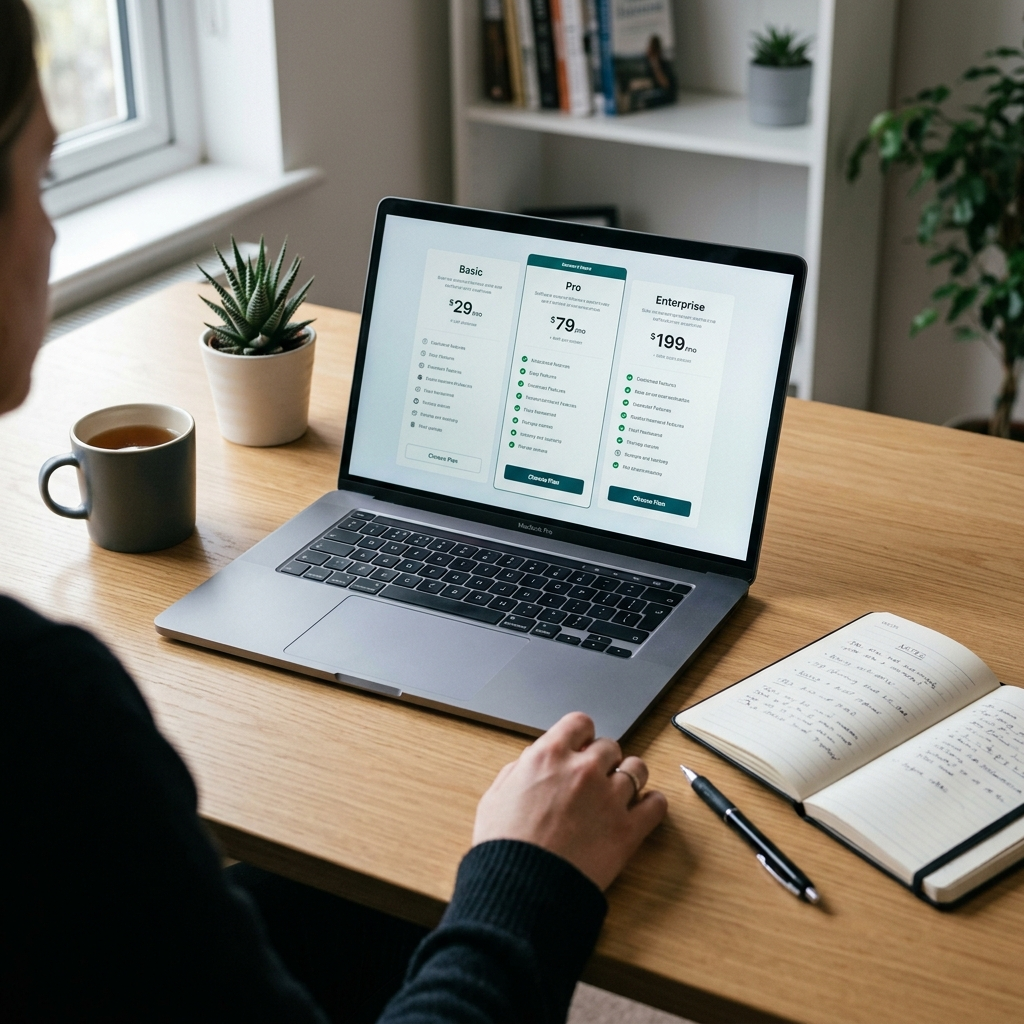 Business owner reviewing a pricing comparison page on a laptop screen showing three software tiers with features listed, notebook open with handwritten notes beside the laptop, evaluating a purchasing decision in a clean home office setting