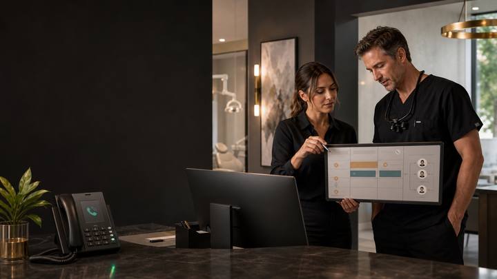 A dental practice coordinator and dentist review same-day appointment capacity and the handoff for an incoming inquiry