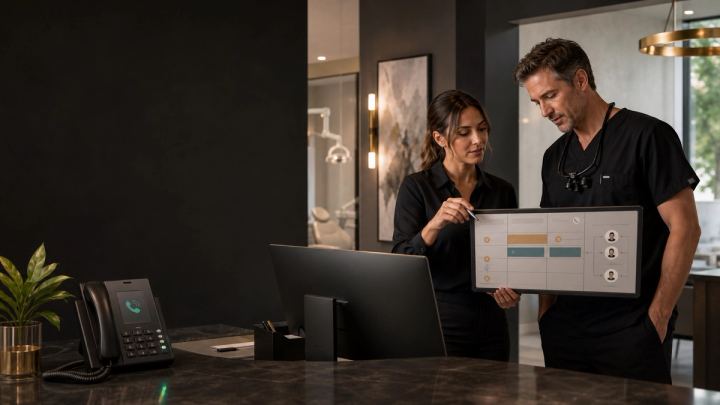 A dental practice coordinator and dentist review same-day appointment capacity and the handoff for an incoming inquiry