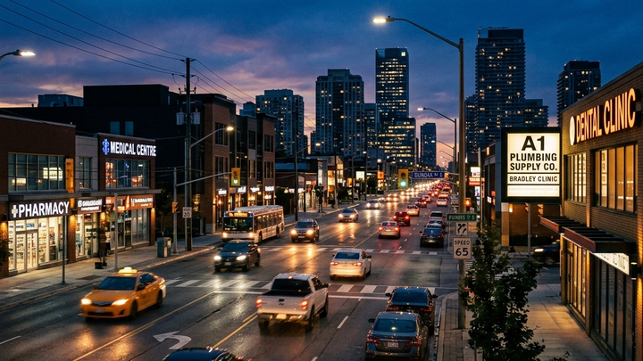 Mississauga and Brampton commercial corridor at dusk, Dental Clinic, Plumbing Supply, Medical Centre storefronts lit against deep blue sky, representing the density of Peel Region service businesses