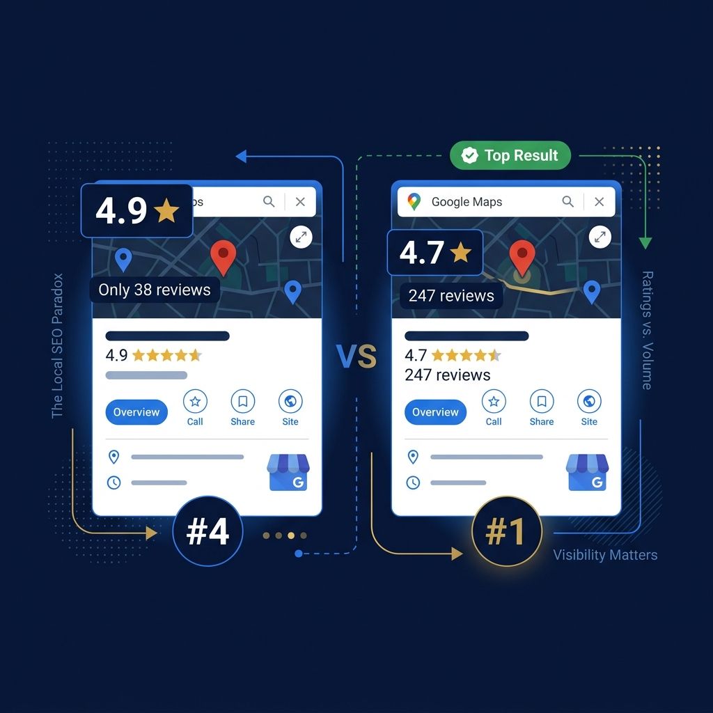 4.9 stars with 38 reviews ranking #4 vs 4.7 stars with 247 reviews ranking #1 on Google Maps