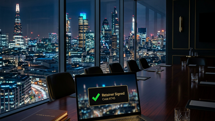 Cinematic law firm boardroom at night showing a signed retainer on a laptop screen