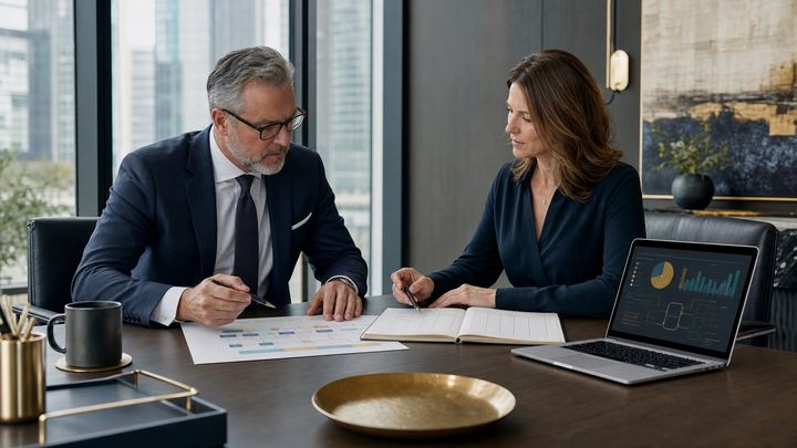A professional-firm principal and operations leader review a measured call path, financial worksheet, and pilot evidence before deciding whether to expand