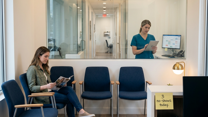 Dental practice waiting room with mostly empty chairs, a concerned dental assistant reviewing a tablet, and a sticky note on the front desk reading "3 no-shows today"